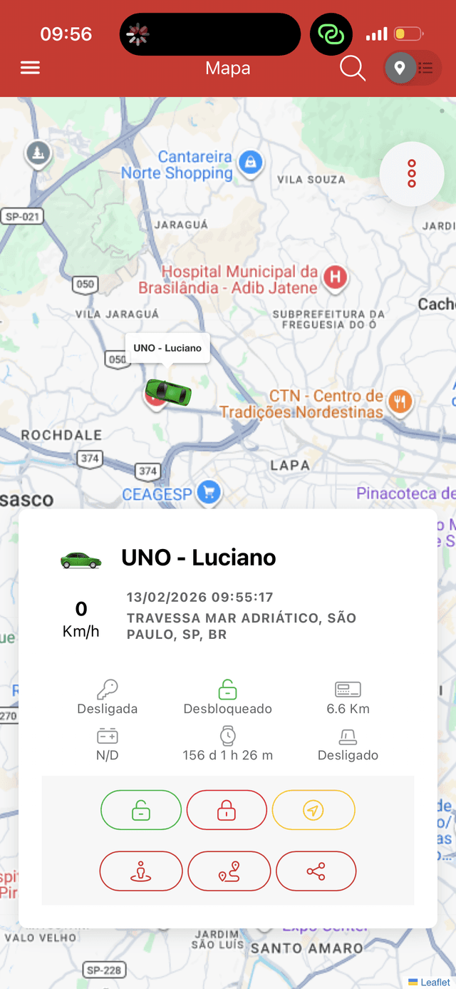 Aplicativo Sentinela Geo para rastreamento veicular - tela de mapa com veículo rastreado em São Paulo